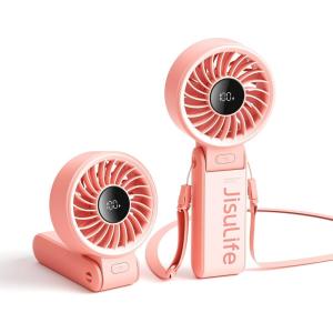 imageJISULIFE Handheld Fan Life7  Ultimate Flexibility HighPower Motor LED Display 195 Hrs Cooling 5000mAh Rechargeable 5Speed Foldable Design 3IN1 Portable Fan for Travel Cruise BeachBlackPink