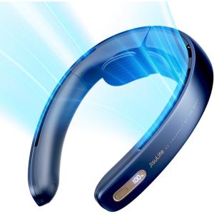imageJISULIFE Portable Neck Fan Pro 100 Speeds Bladeless Stepless Knob LED Display 5000mAh Rechargeable Personal Mini Hands Free USB Battery Operated WearableGreyBlue